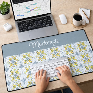 Blue Watercolor French Country Lemon Name Monogram Desk Mat