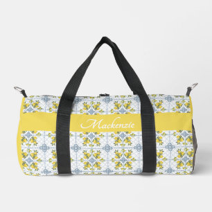 Blue Watercolor French Country Lemon Name Monogram Duffle Bag
