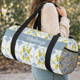 Blue Watercolor French Country Lemon Name Monogram Duffle Bag
