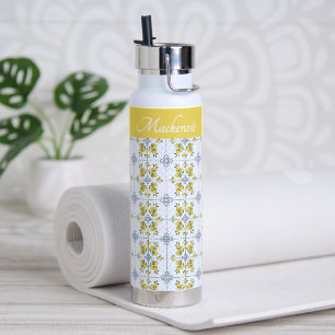 Blue Watercolor French Country Lemon Name Monogram Water Bottle