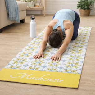 Blue Watercolor French Country Lemon Name Monogram Yoga Mat