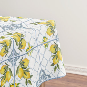 Blue Watercolor French Country Lemon Tablecloth