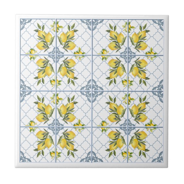 Blue Watercolor French Country Lemon Tile (Front)