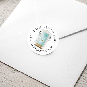 Blue Watercolor Front Door Real Estate Referral Classic Round Sticker