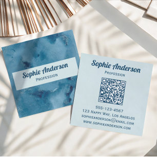 Blue Watercolor Geode QR Code Professional Square Business Card