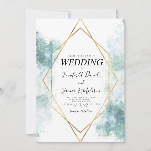 blue watercolor geometric gold frame wedding invitation (Front)