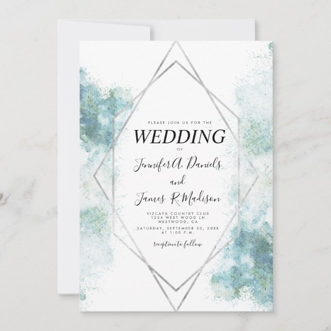 blue watercolor geometric silver frame wedding invitation (Front)
