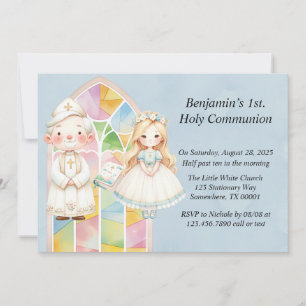 Blue Watercolor Girl 1st. Holy Communion Invitation