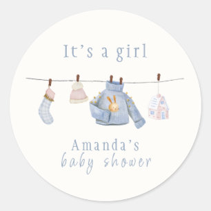 Blue Watercolor Girl Winter Clothes Baby Shower  Classic Round Sticker