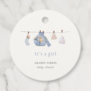 Blue Watercolor Girl Winter Clothes Baby Shower  Favour Tags