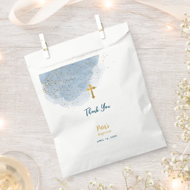 Blue Watercolor Glitter Gold Cross Baptism Boy Favour Bags (Clipped)