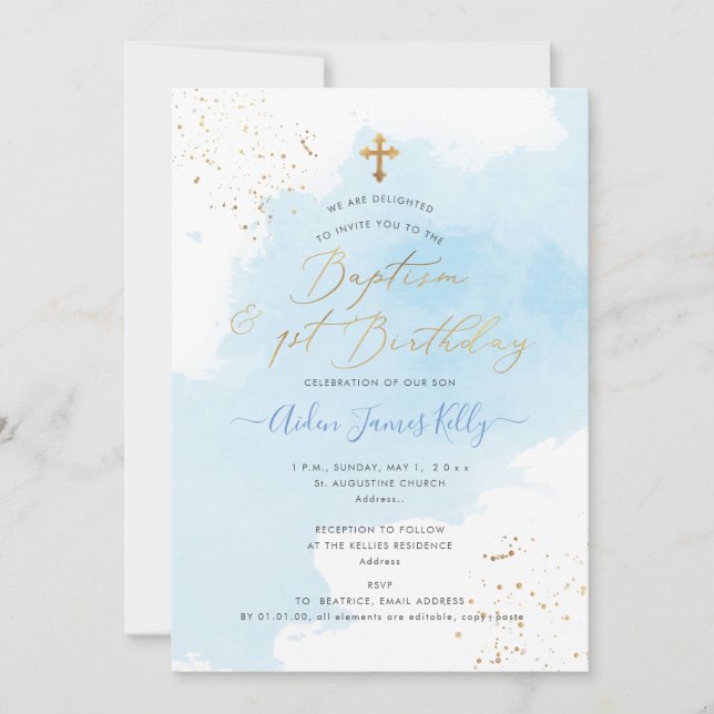 Blue Watercolor Gold Baptism+1st Birthday Invitation (Front)