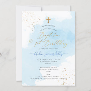 Blue Watercolor Gold Baptism+1st Birthday Invitation