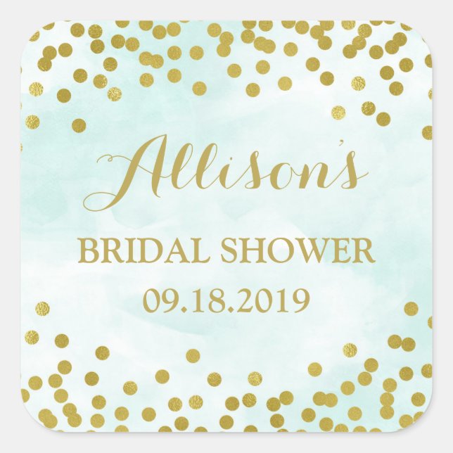 Blue Watercolor Gold Confetti Bridal Shower Square Sticker (Front)