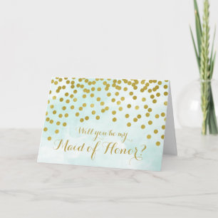 Blue Watercolor Gold Dots Maid of Honour Invite