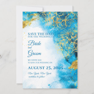 Blue Watercolor & Gold Flower Save the Date Card