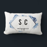 Blue Watercolor Gold Frame Newlywed monogram Lumbar Cushion<br><div class="desc">Surprise the newlyweds with a gift that's both stylish and meaningful – our Blue Watercolor Gold Frame Newlywed Monogram Lumbar Pillow. This unique pillow is a perfect way to celebrate a new marriage, blending personalised elegance with comfort. The pillow features a sophisticated printed gold hexagon frame, beautifully encasing the couple's...</div>