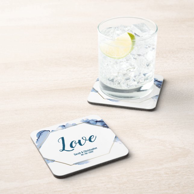 Blue Watercolor gold frame Wedding Coaster (Right Side)