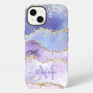 Blue Watercolor Gold Glitter Agate Personalised iPhone 13 Case