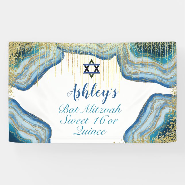 Blue Watercolor & Gold Glitter Bat Mitzvah Quince Banner (Horizontal)