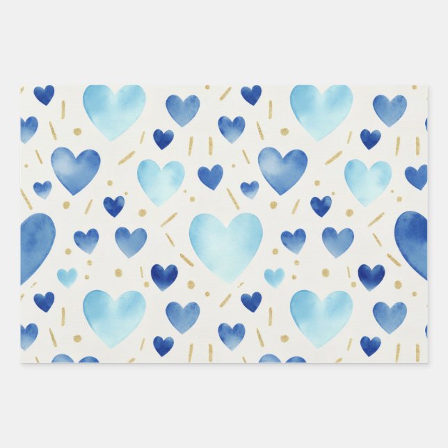 Blue Watercolor & Gold Glitter Hearts Wrapping Paper Sheet (Front)