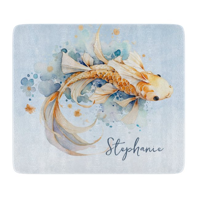 Blue Watercolor Gold Koi Fish Personalised Cutting Board (Front)