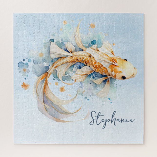 Blue Watercolor Gold Koi Fish Personalised Jigsaw Puzzle (Vertical)