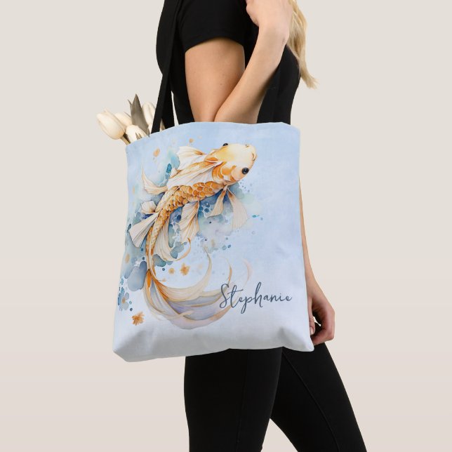 Blue Watercolor Gold Koi Fish Personalised Tote Bag (Close Up)