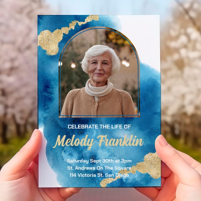 Blue Watercolor Gold Photo Celebration of Life Invitation (Creator Uploaded)