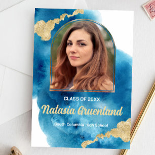 Blue Watercolor Gold Photo Graduation Announcement
