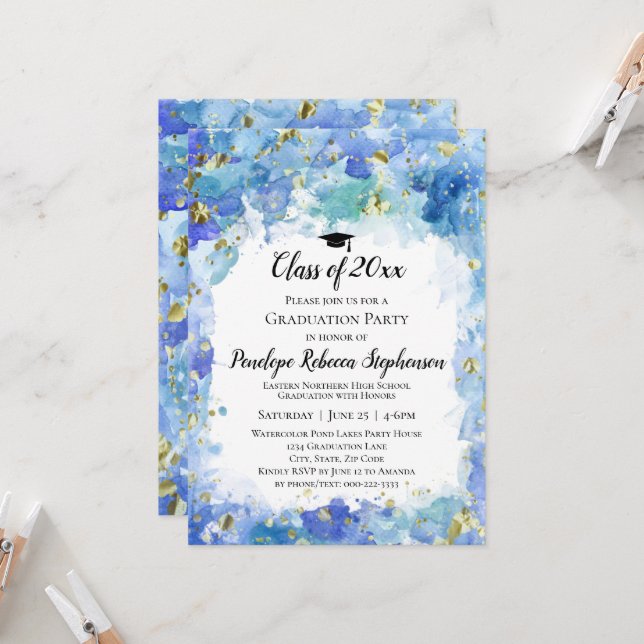 Blue Watercolor Gold Splatter Graduation Party Invitation (Front/Back In Situ)