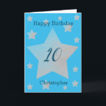 Blue Watercolor Grey Stars 10th Birthday Card<br><div class="desc">Grey watercolor stars happy 10th birthday card for grandson, son, nephew and more. The front features watercolor grey stars and a place for you to personalise with the birthday recipient's name. The inside card message can be easily personalised and the back with the year. This would make a great personalised...</div>