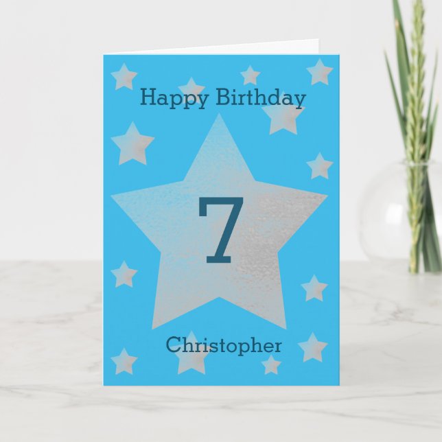 Blue Watercolor Grey Stars 7th Birthday Card (Front)