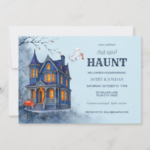 Blue Watercolor Halloween Housewarming Party Invitation