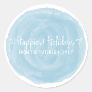 Blue Watercolor Happiest Holidays Classic Round Sticker