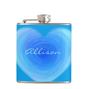 Blue Watercolor Heart Personalised Script Modern Hip Flask
