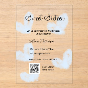 Blue watercolor hearts QR  Sweet sixteen birthday  Acrylic Invitations