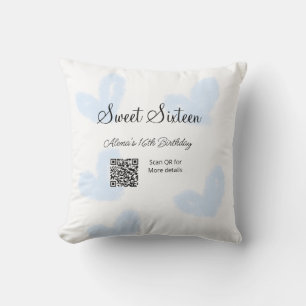 Blue watercolor hearts QR Sweet sixteen birthday Cushion
