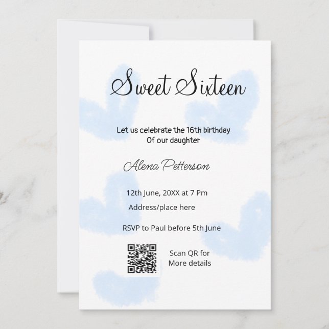 Blue watercolor hearts QR  Sweet sixteen birthday  Invitation (Front)