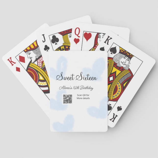 Blue watercolor hearts QR  Sweet sixteen birthday  Playing Cards (Back)