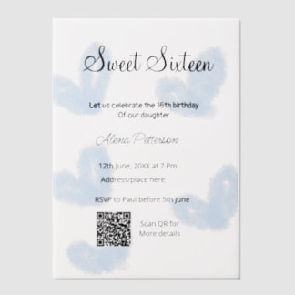 Blue watercolor hearts QR  Sweet sixteen birthday  Vellum Invitations