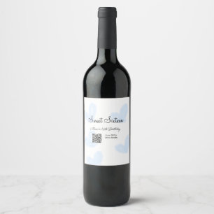 Blue watercolor hearts QR Sweet sixteen birthday Wine Label