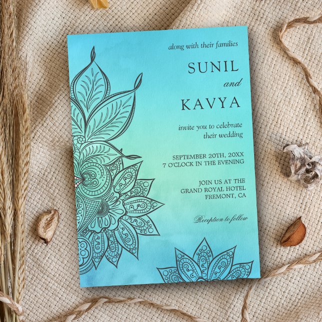 Blue Watercolor Henna Indian Wedding Invitation (Creator Uploaded)