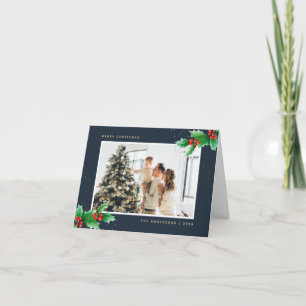 Blue Watercolor Holly Photo Merry Christmas Card