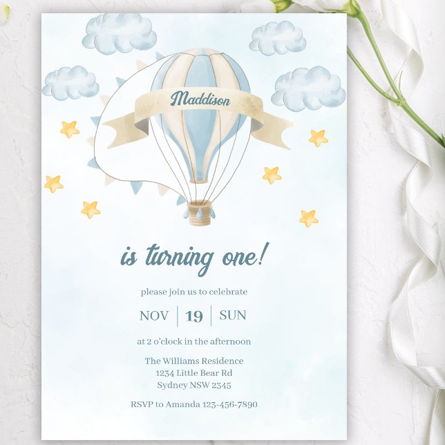 Blue Watercolor Hot Air Ballon Boy 1st Birthday Invitation (Creator Uploaded)