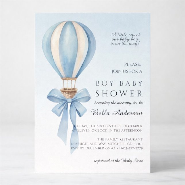 Blue Watercolor Hot Air Balloon Boy Baby Shower Invitation (Blue Watercolor Hot Air Balloon Boy Baby Shower Invitation)