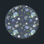 Blue Watercolor Hydrangea and Rose Floral Pattern Paper Plate<br><div class="desc">Add a floral accent to your event with these beautiful paper plates. It features a floral pattern of blue and white hydrangeas and roses with other greenery and floral accents on a dark blue background. These floral paper plates are perfect for garden parties, birthdays, baby showers, and more. Matching items...</div>