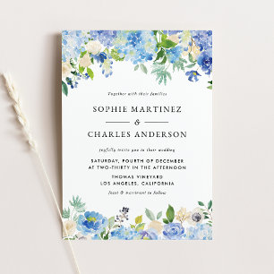 Blue Watercolor Hydrangea and Rose Winter Wedding Invitation Postcard