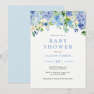 Blue Watercolor hydrangea Baby Shower Invitation