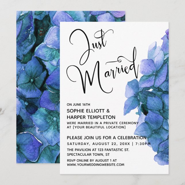 Blue Watercolor Hydrangea Just Married Reception Invitation (Front/Back)